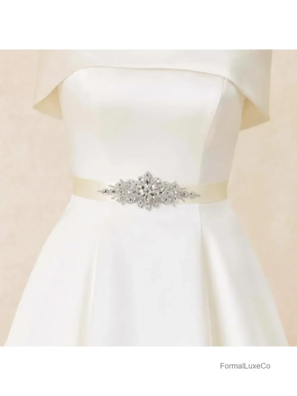 Handmade Ivory Bridal Belt with Rhinestone Applique Adjustable Sash